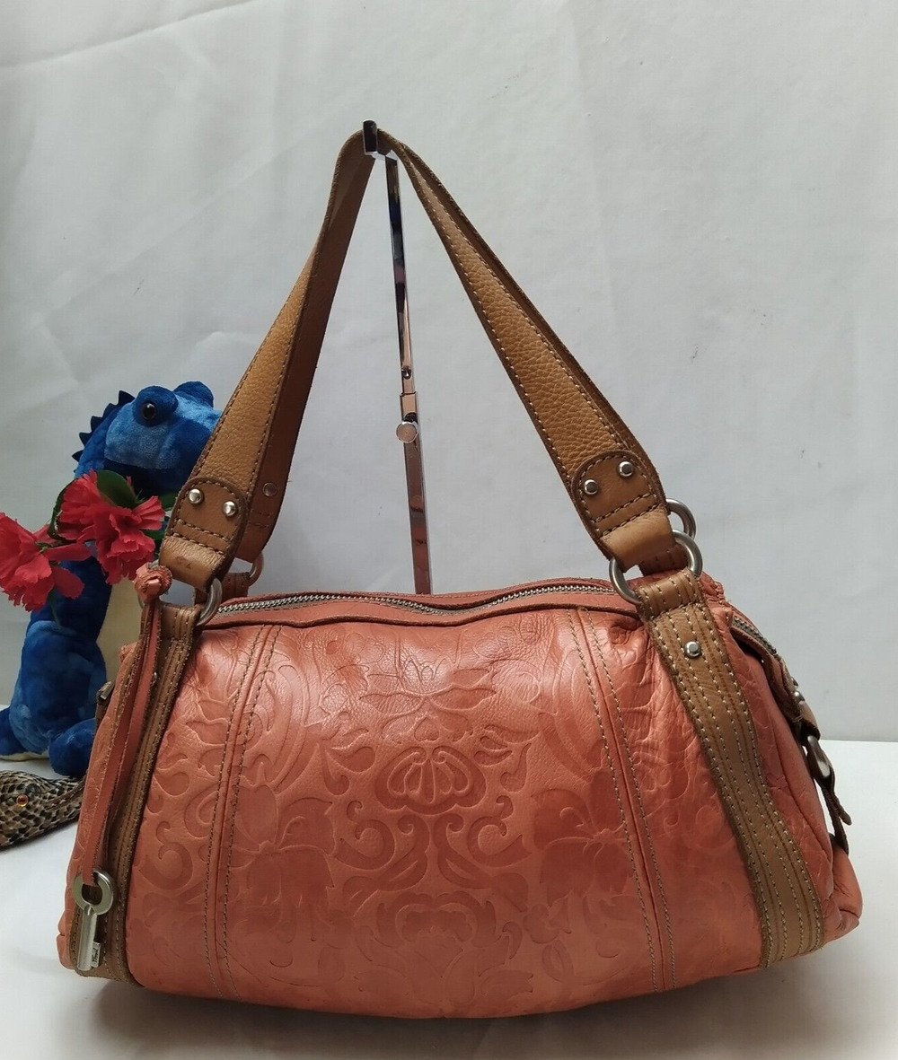 Fossil Orange Leather Floral Double Handles Zipper Closure Satchel Shoulder Bag